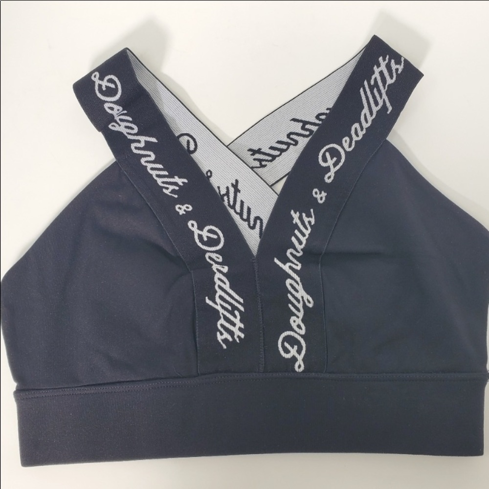 NWT Doughnuts & Deadlifts S logo front sports bra